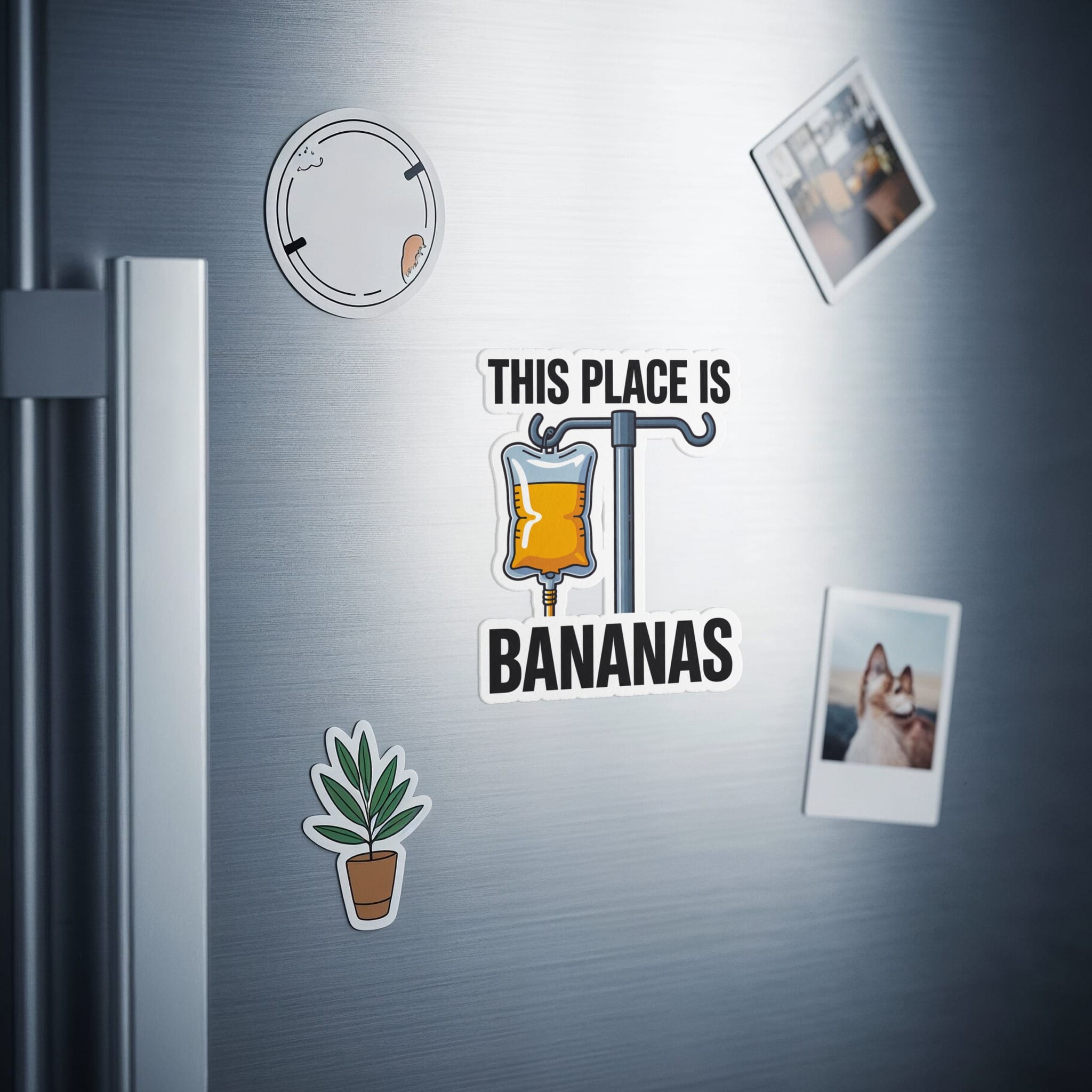 Sticker on a refrigerator reads "This Place is Bananas" with an IV bag.