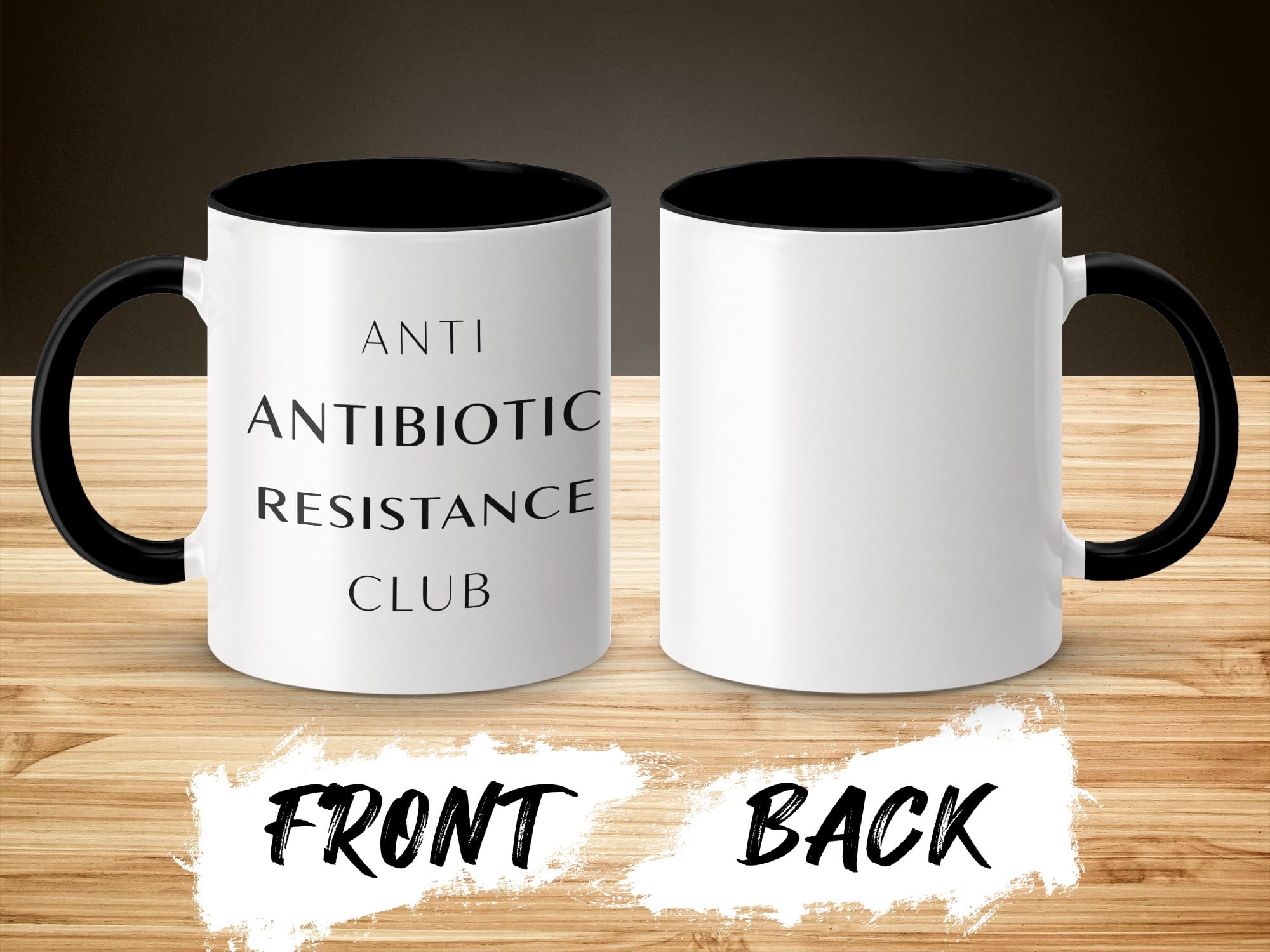 White mug with black interior and handle, reading "ANTIBIOTIC RESISTANCE CLUB".