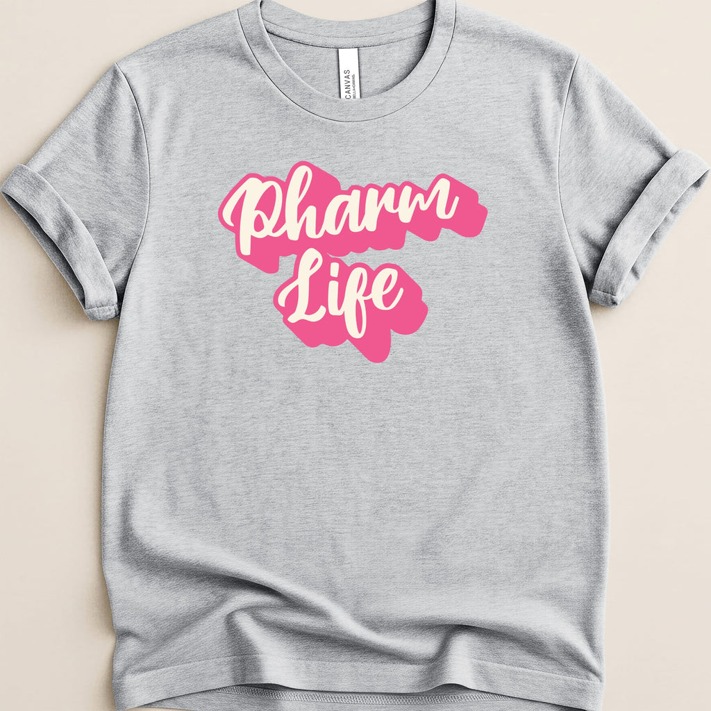 Grey t-shirt with "Pharm Life" text in pink script.