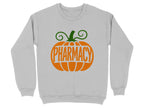 Gray sweatshirt with an orange pumpkin design that says "Pharmacy".