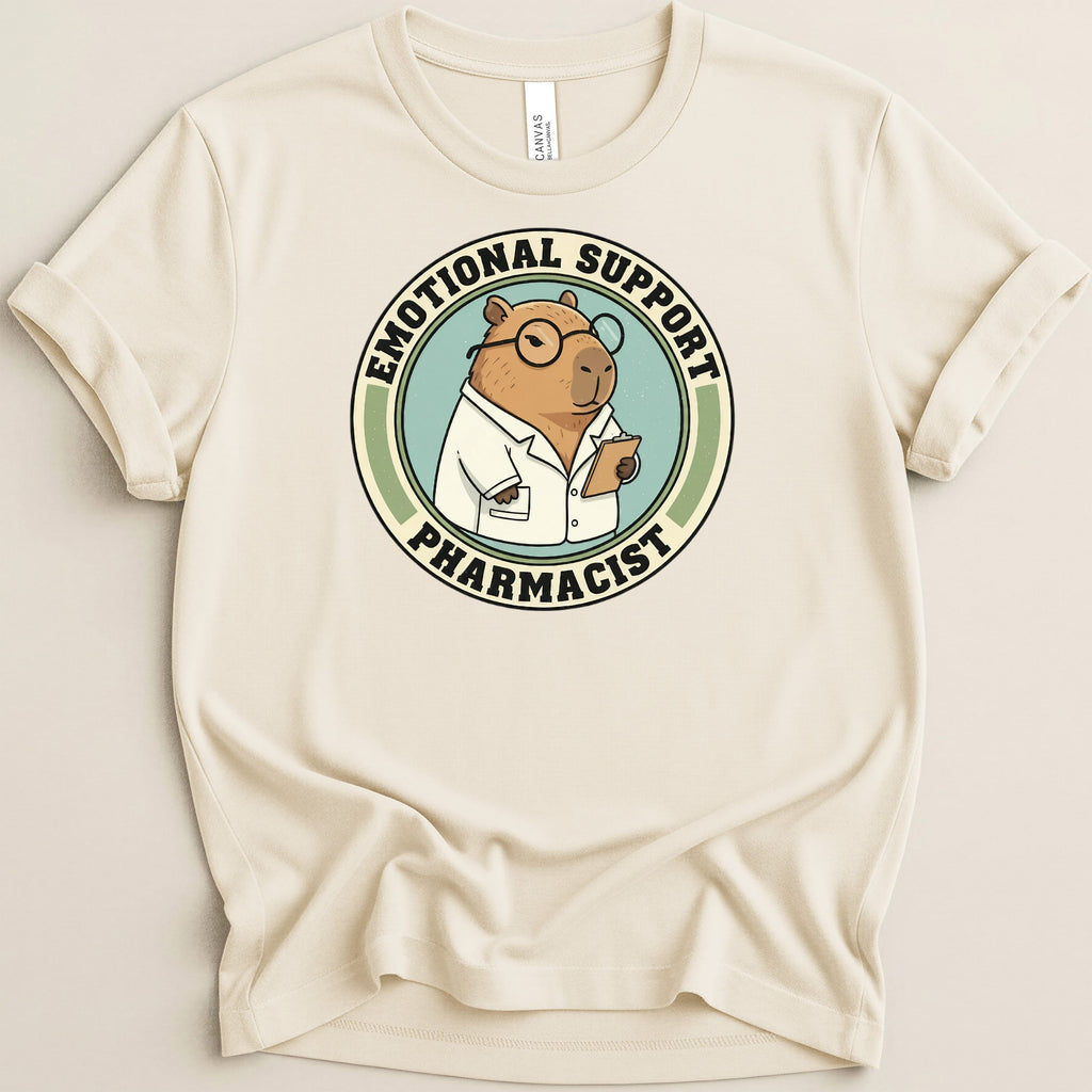Illustration of a capybara wearing a lab coat and glasses, labeled "Emotional Support Pharmacist".