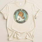 Illustration of a capybara wearing a lab coat and glasses, labeled "Emotional Support Pharmacist".