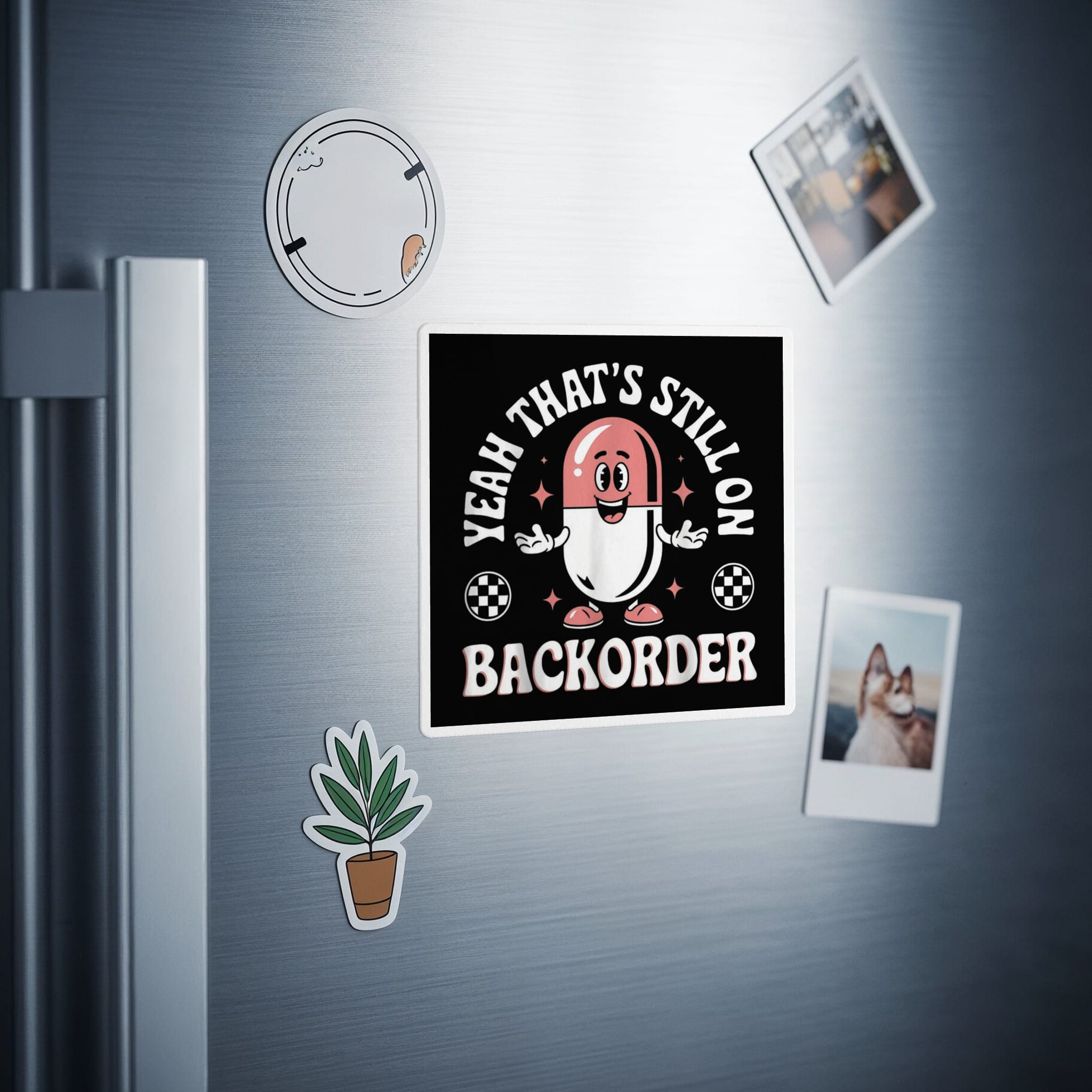 Cartoon pill character on black background with text "Yeah that's still on backorder".