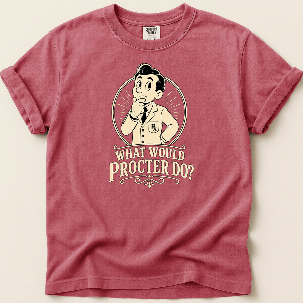 T-shirt with a cartoon doctor asking "What would Procter do?".