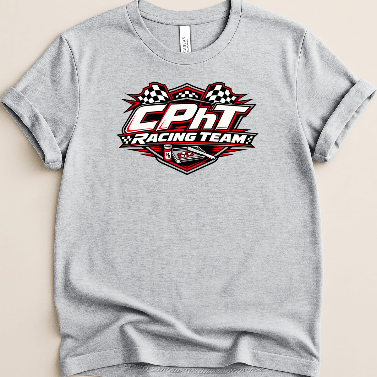 Grey t-shirt with CPHT Racing Team logo featuring checkered flags and a race car.