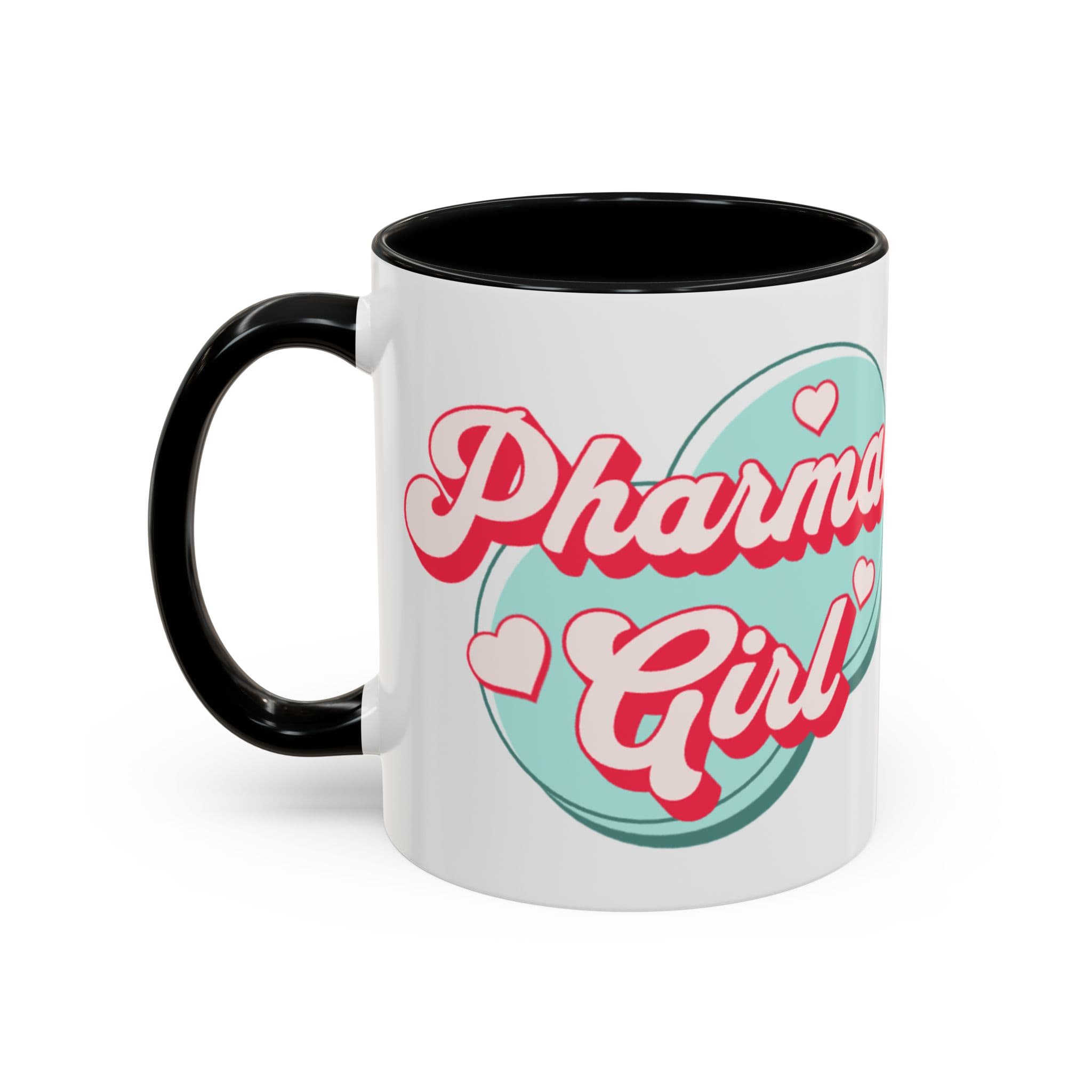 White mug with "Pharmacist Girl" text and pink hearts.