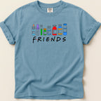 Blue t-shirt with "FRIENDS" in the show's iconic font above cartoon medical vials.