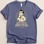 T-shirt with cartoon doctor pondering the phrase "WHAT WOULD PROCTER DO?".