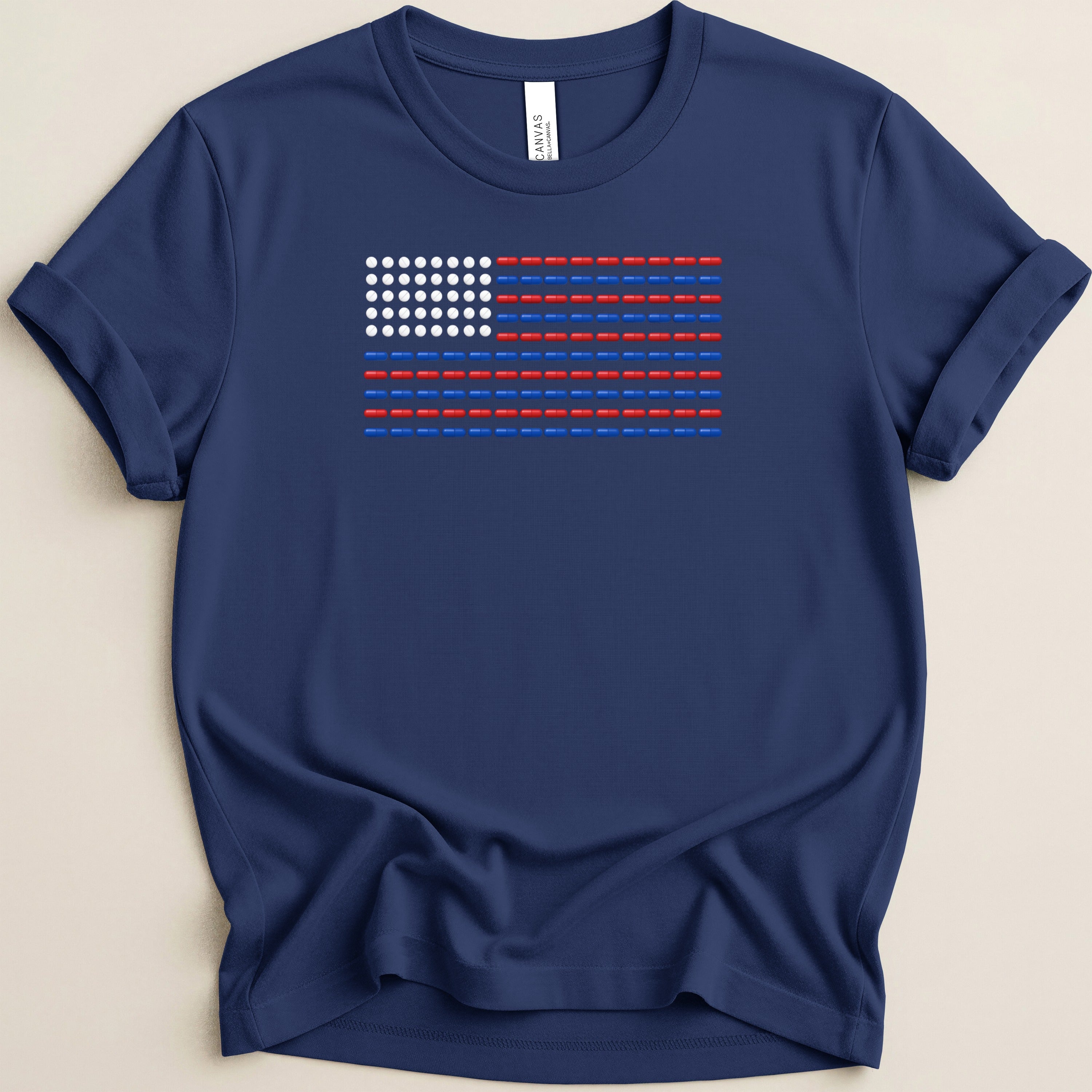 Dark blue t-shirt with an American flag design made of red and white Lego-style bricks.