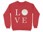 Red sweatshirt with "LOVE" spelled out, featuring a pill in place of the "O".