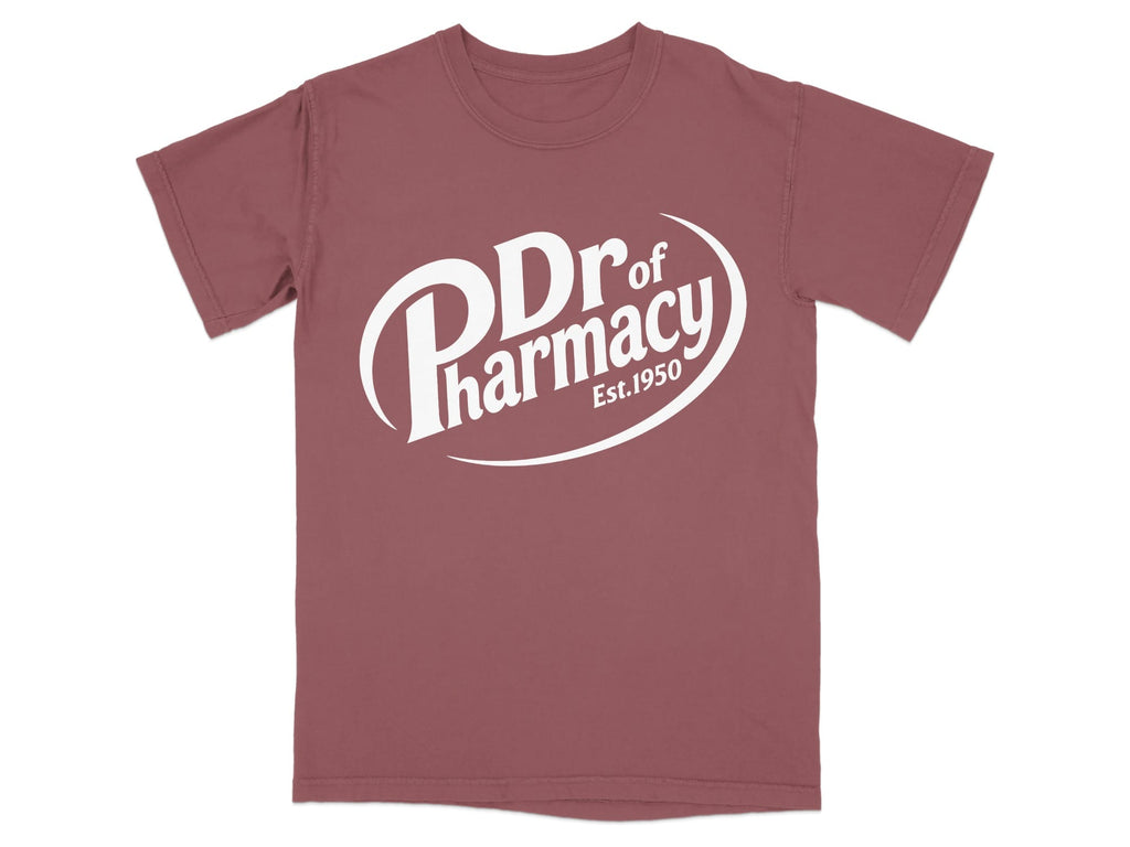 Maroon t-shirt with white "Dr of Pharmacy Est.1950" text logo.