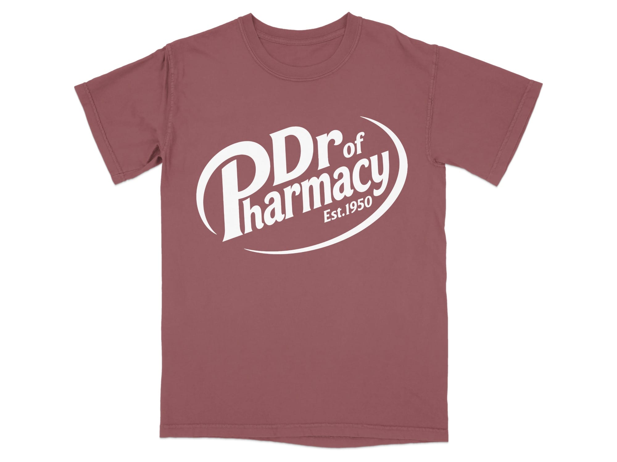 Maroon t-shirt with white "Dr of Pharmacy Est.1950" text logo.