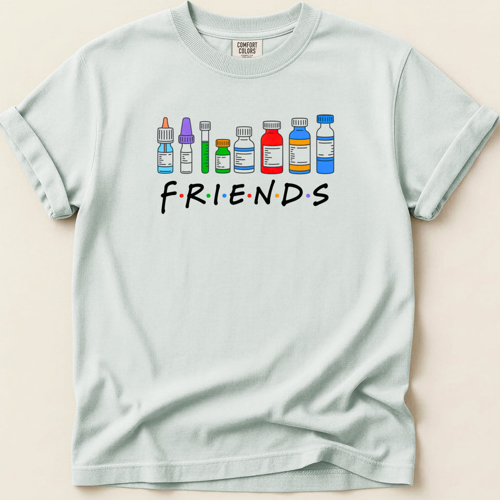 Friends logo with medical vials and bottles.