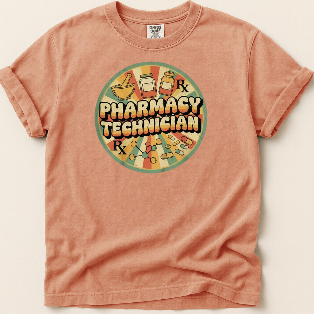 Orange t-shirt with "Pharmacy Technician" text and medical graphic.