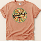 Orange t-shirt with "Pharmacy Technician" text and medical graphic.