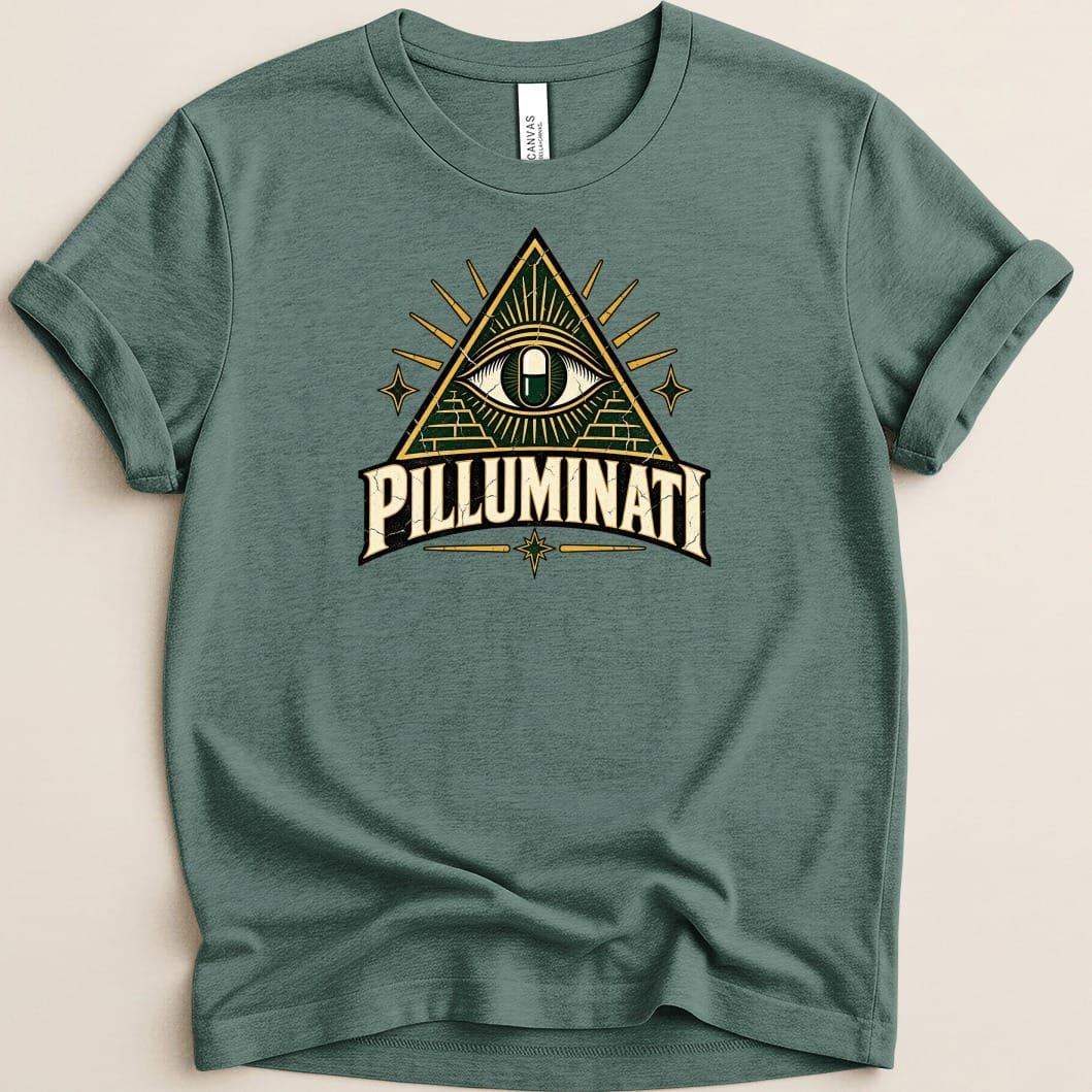 Green t-shirt with "PILLUMINATI" text and an eye within a pyramid design.