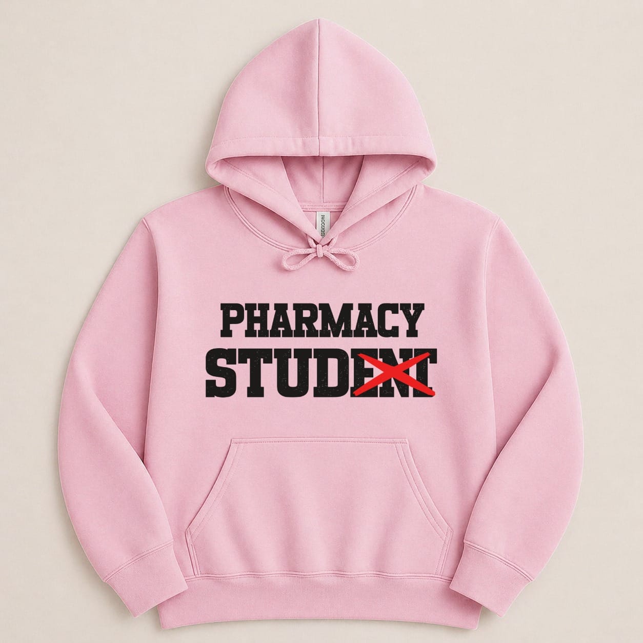 Pink hoodie with "Pharmacy Student" text and a red X over "Student".