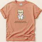 T-shirt with cartoon cat in lab coat, text "pharmacologically speaking, i exhibit time-dependent toxicity."