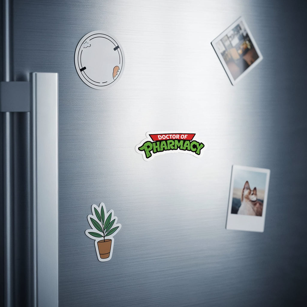 Sticker on refrigerator reads "Doctor of Pharmacy" with plant and photo magnets.
