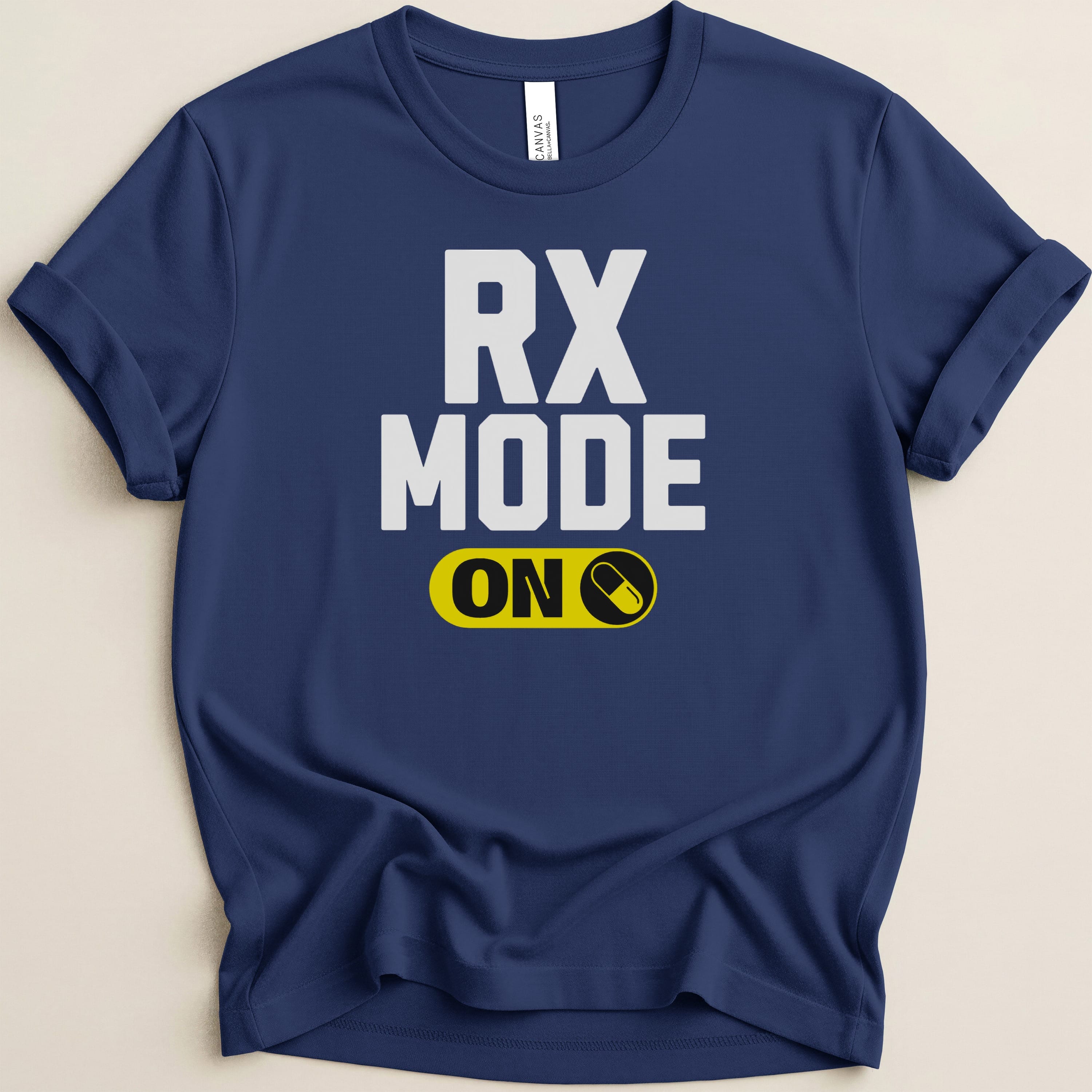 Navy t-shirt with "RX MODE ON" text and a pill icon.