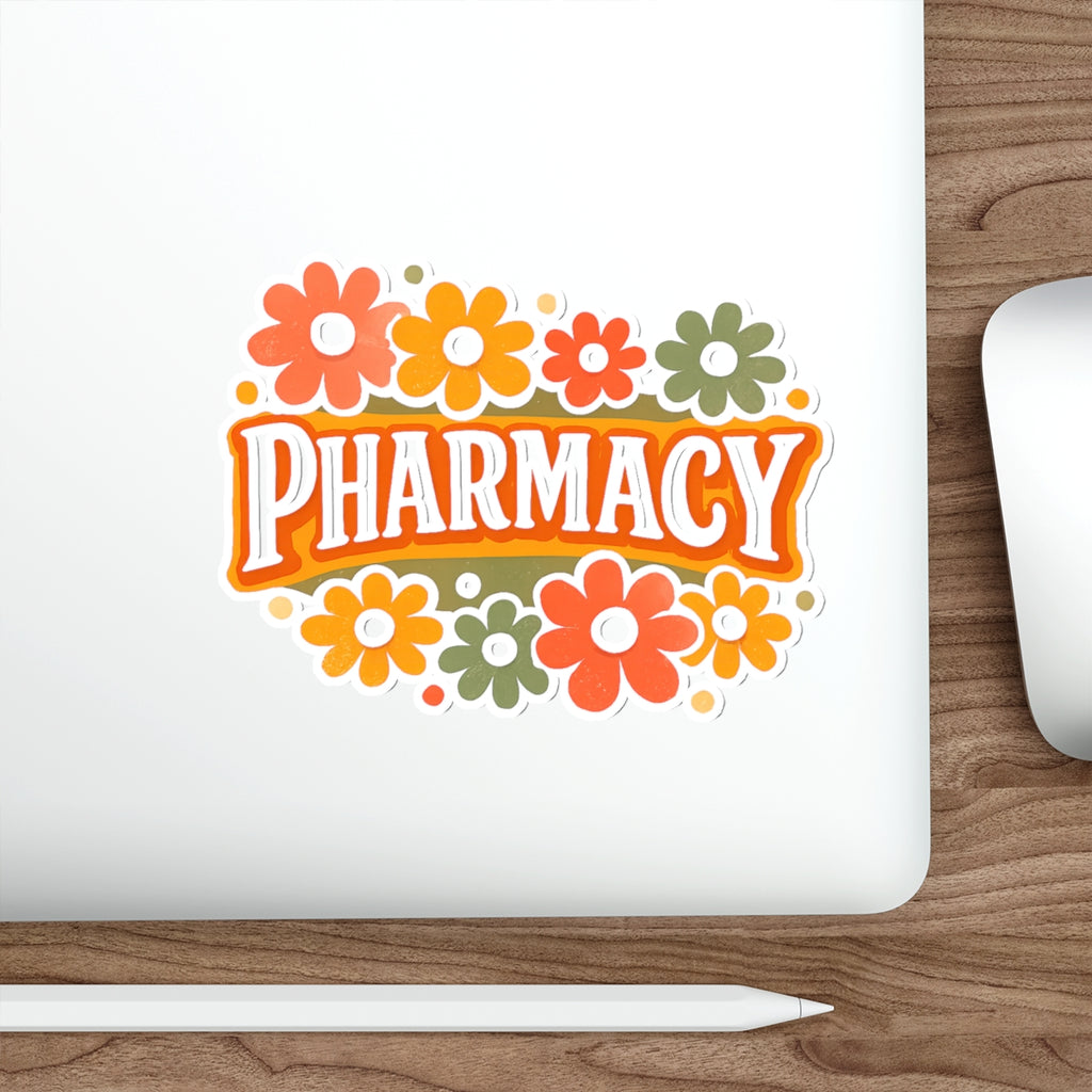 Pharmacy logo with colorful flowers and a playful retro font.