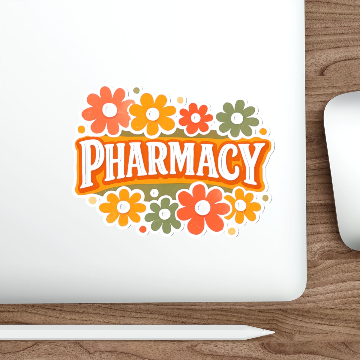 Pharmacy logo with colorful flowers and a playful retro font.