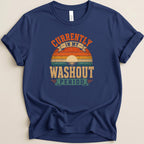 Navy t-shirt with "Currently in my washout period" sunset graphic.