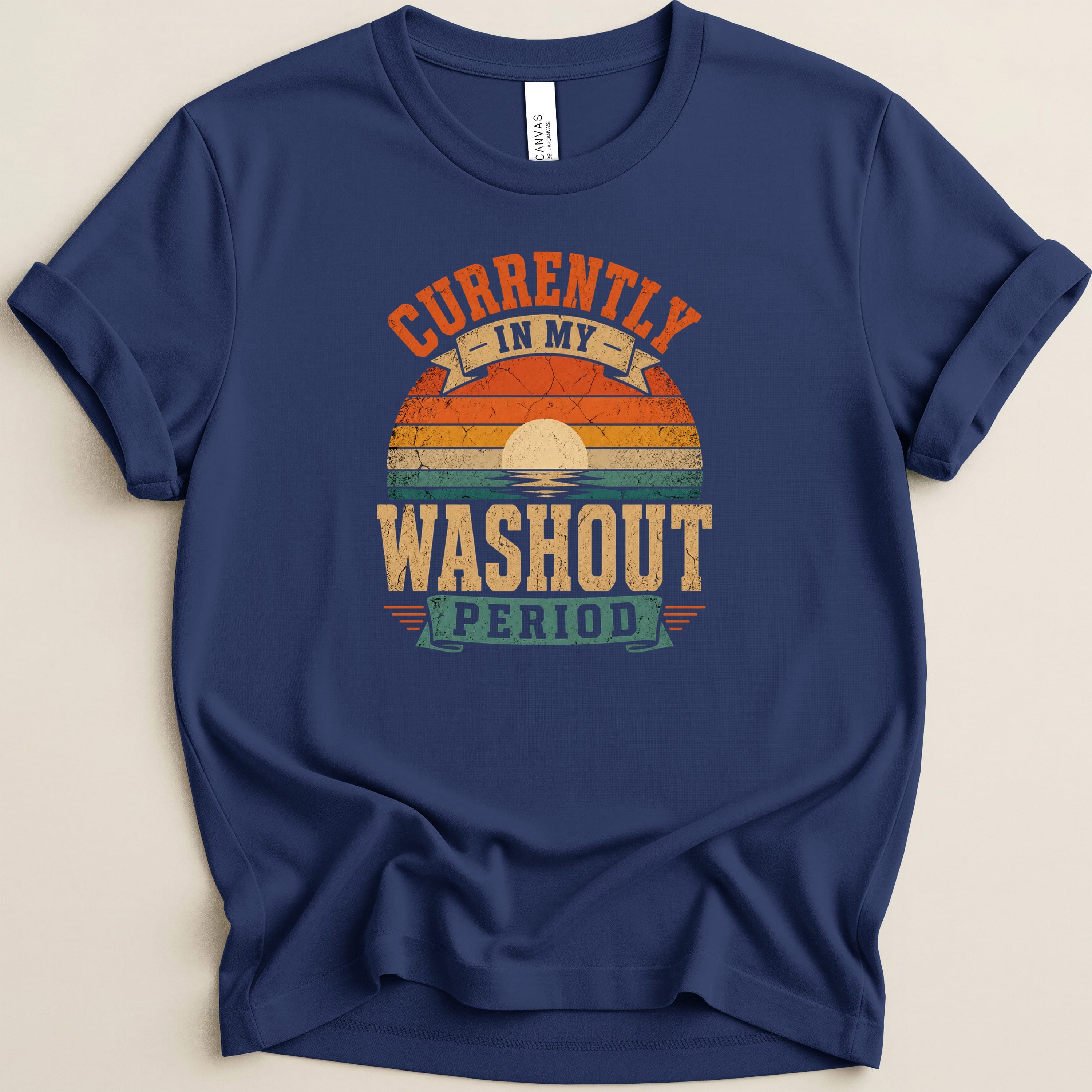 Navy t-shirt with "Currently in my washout period" sunset graphic.