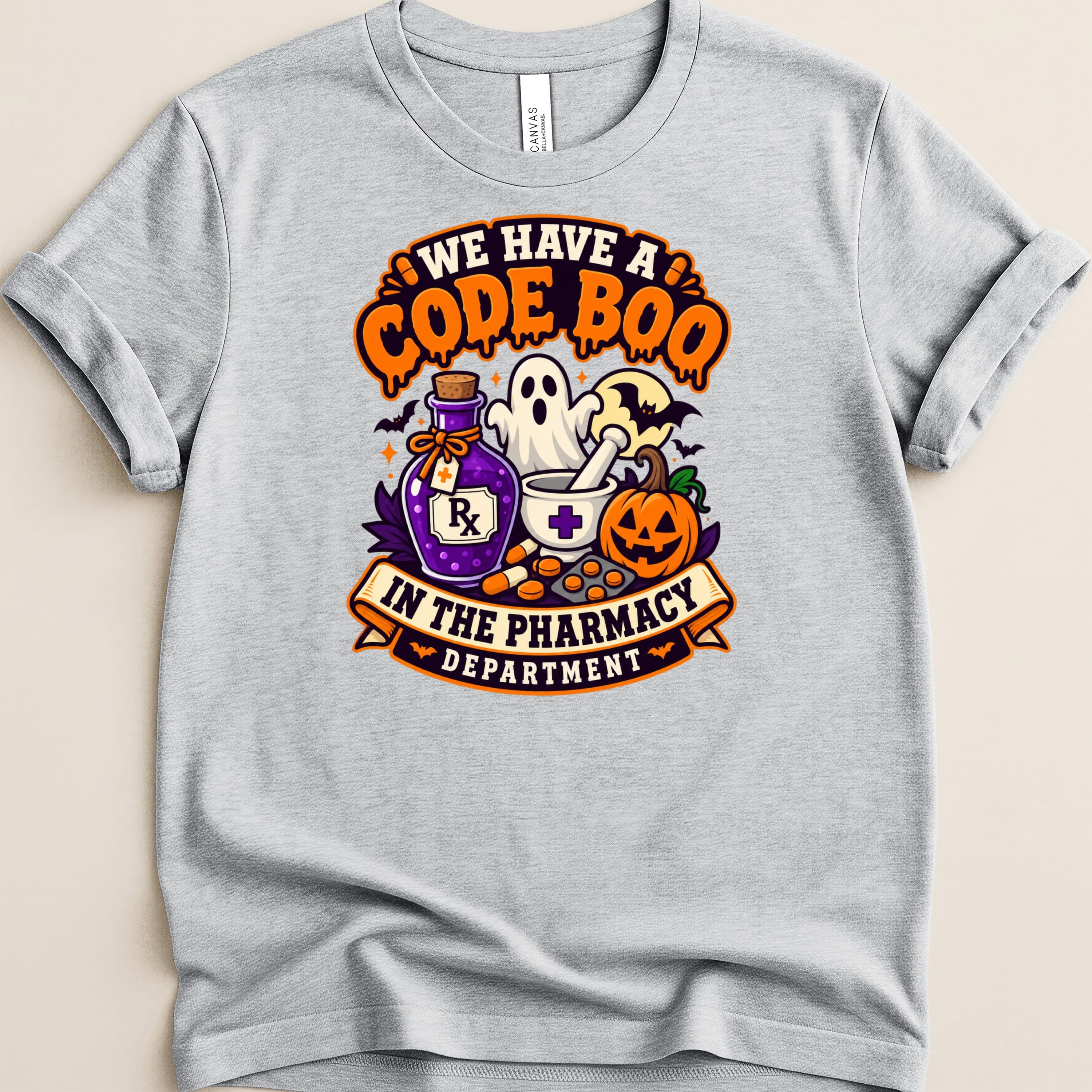 T-shirt with Halloween pharmacy graphic: "We have a Code Boo in the pharmacy department."