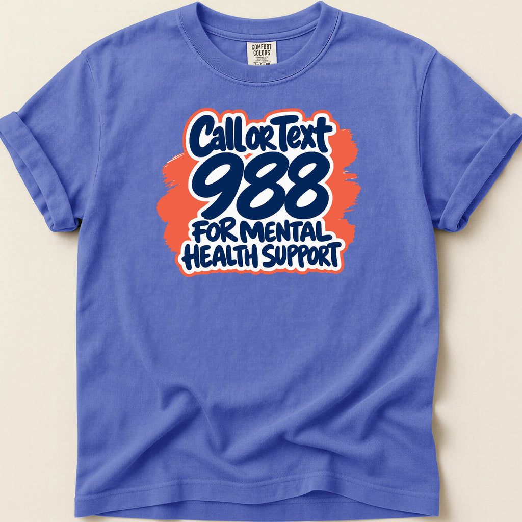 Purple t-shirt with "Call or Text 988 For Mental Health Support" graphic.