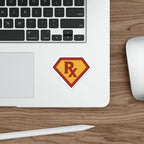 Red and yellow shield with "RX" inside, on a laptop keyboard.