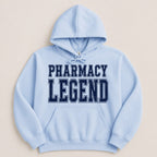 Light blue hoodie with "PHARMACY LEGEND" text in navy blue.