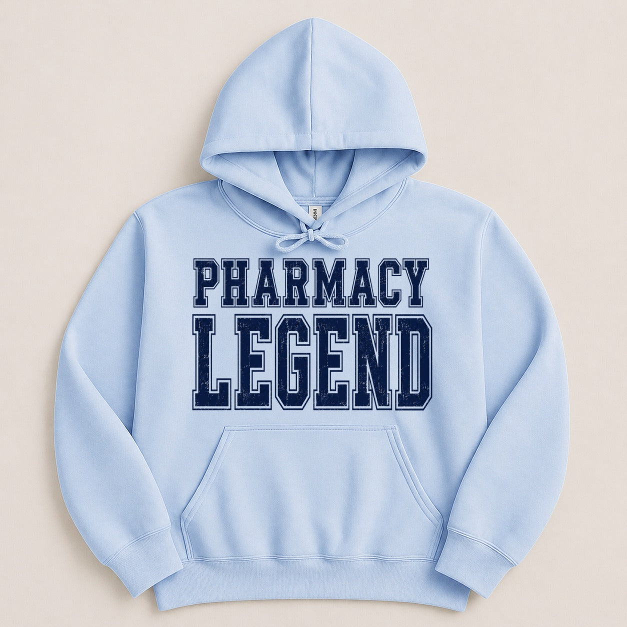 Light blue hoodie with "PHARMACY LEGEND" text in navy blue.