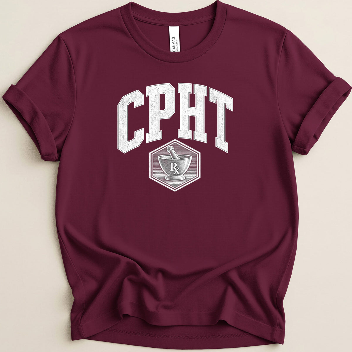 Maroon crewneck t-shirt featuring a white collegiate-style CPHT graphic with a mortar and pestle.