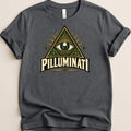 Dark grey t-shirt with a triangular graphic featuring an eye and the text "PILLUMINATI".