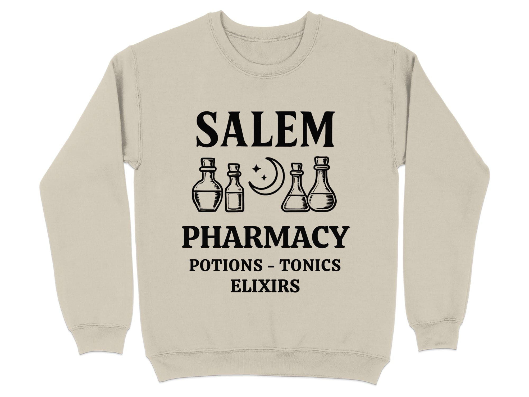 Cream sweatshirt with "Salem Pharmacy Potions - Elixirs" and potion bottle graphics.