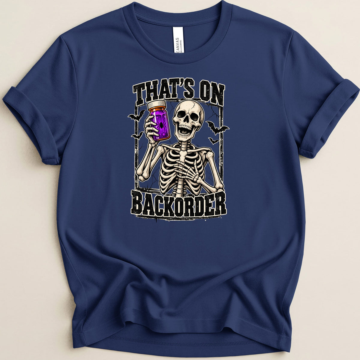 Skeleton holding a jar with a spider, text reads "That's On Backorder".