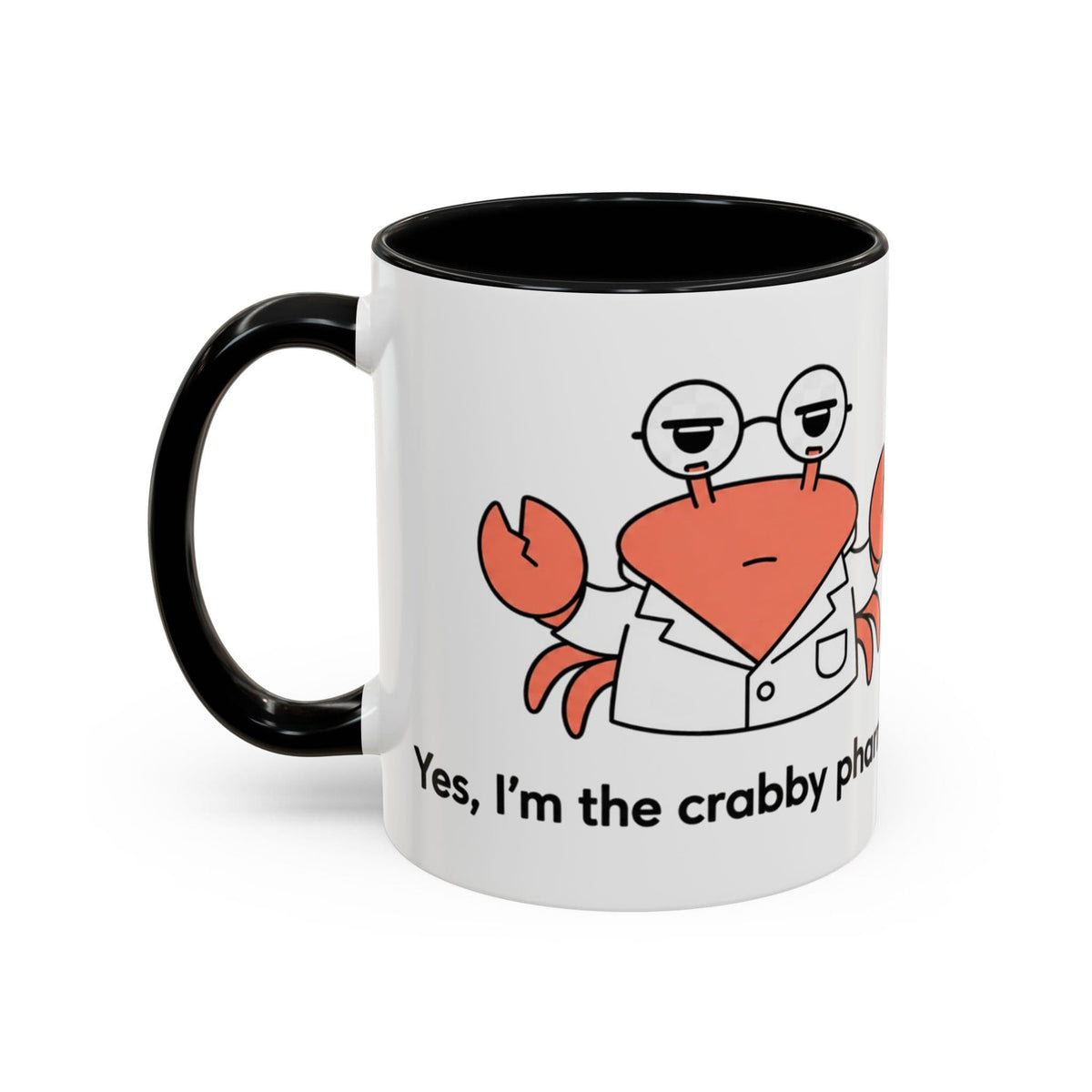 White mug with black handle, featuring a crab in a lab coat and the text "Yes, I'm the crabby pho".