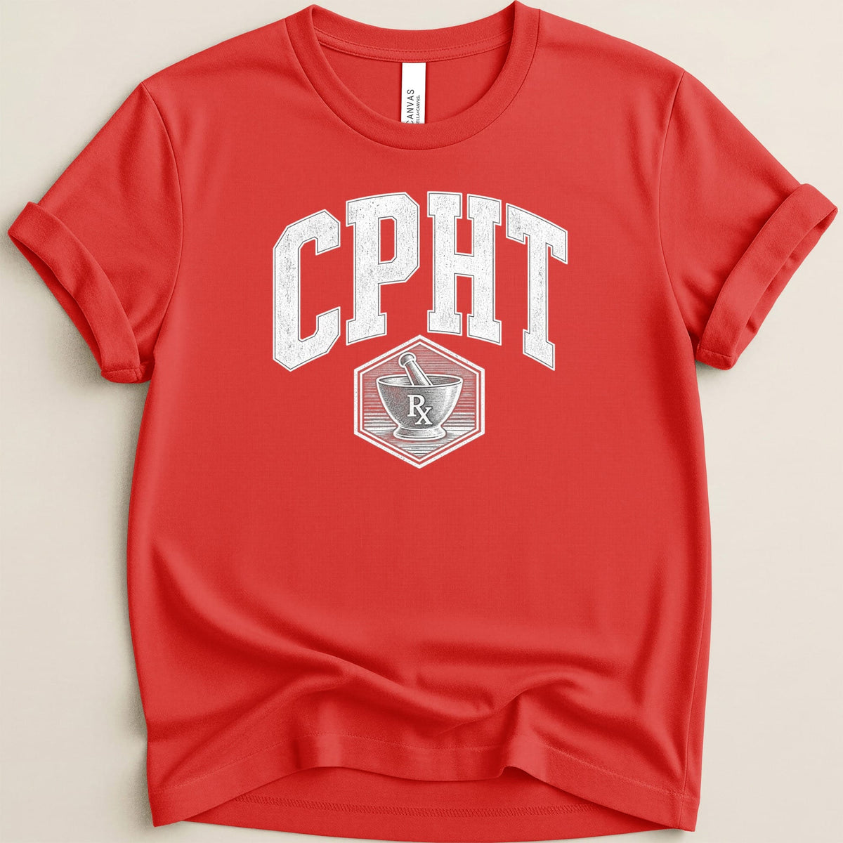 Red crewneck t-shirt featuring the white arched text CPHT and a mortar and pestle icon.