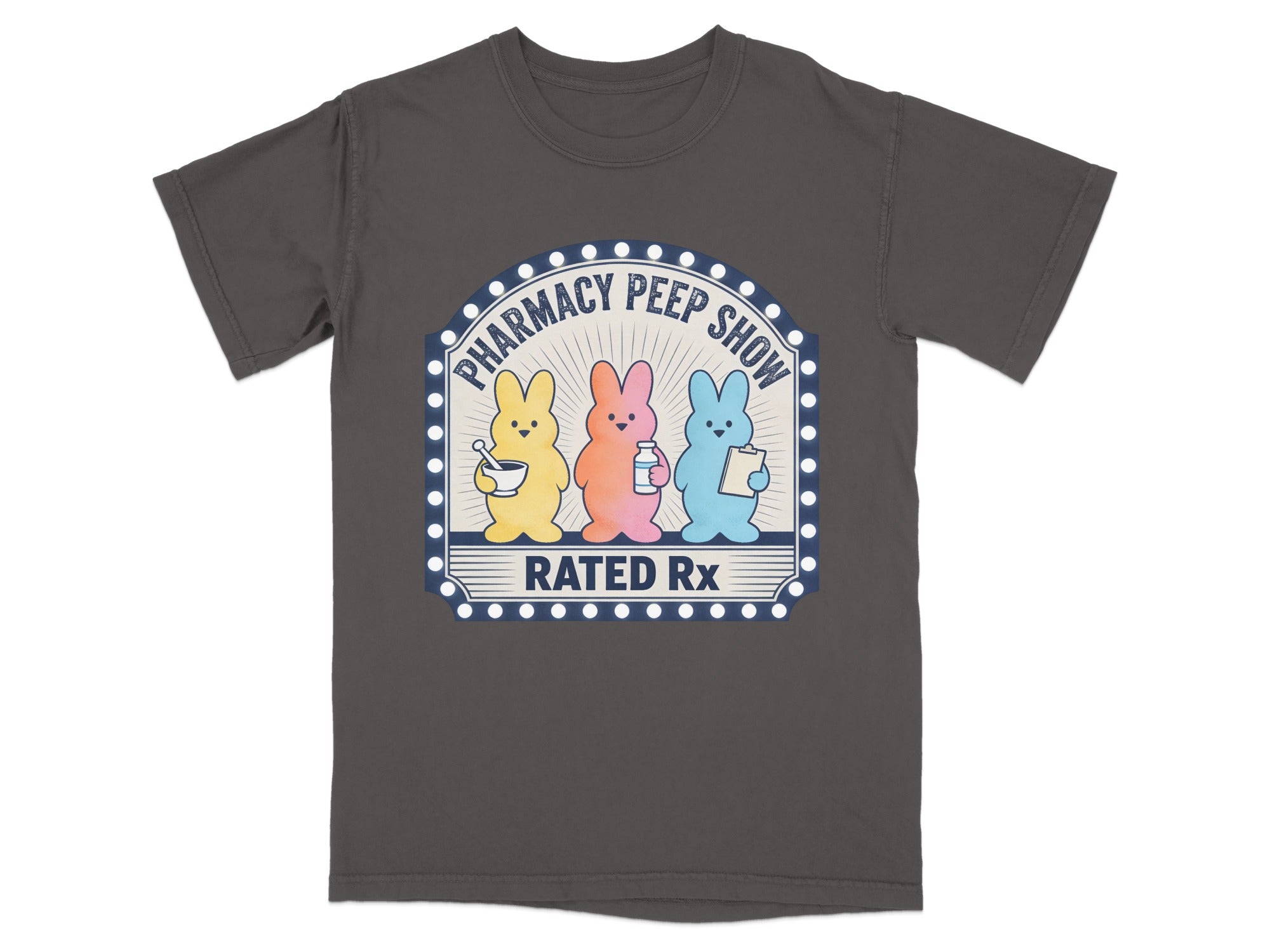 Three Peeps bunnies in yellow, orange, and blue hold pharmacy items, with "Pharmacy Peep Show" text.