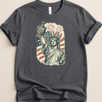 Statue of Liberty holding a mortar and pestle with American flag and fireworks.
