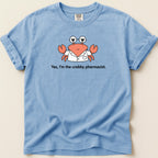"Yes, I'm the crabby pharmacist." text with a cartoon crab wearing glasses and a lab coat.