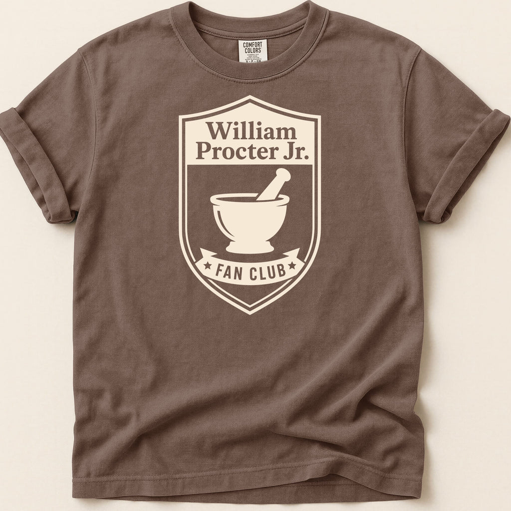 Brown t-shirt with William Procter Jr. Fan Club logo featuring a mortar and pestle.