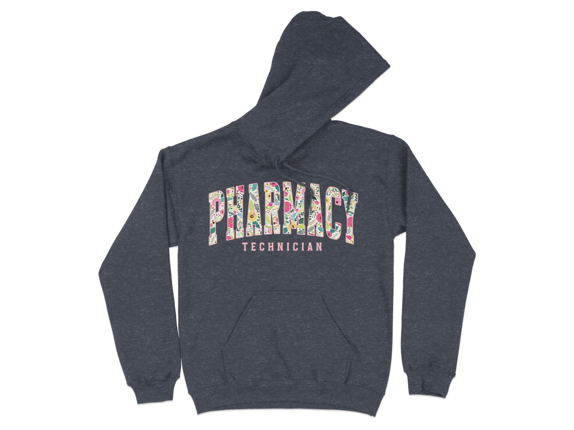 Dark gray hoodie with "Pharmacy Technician" in colorful block letters.