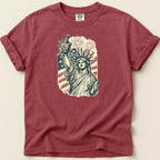 Statue of Liberty holding a mortar and pestle with fireworks and US flag background.