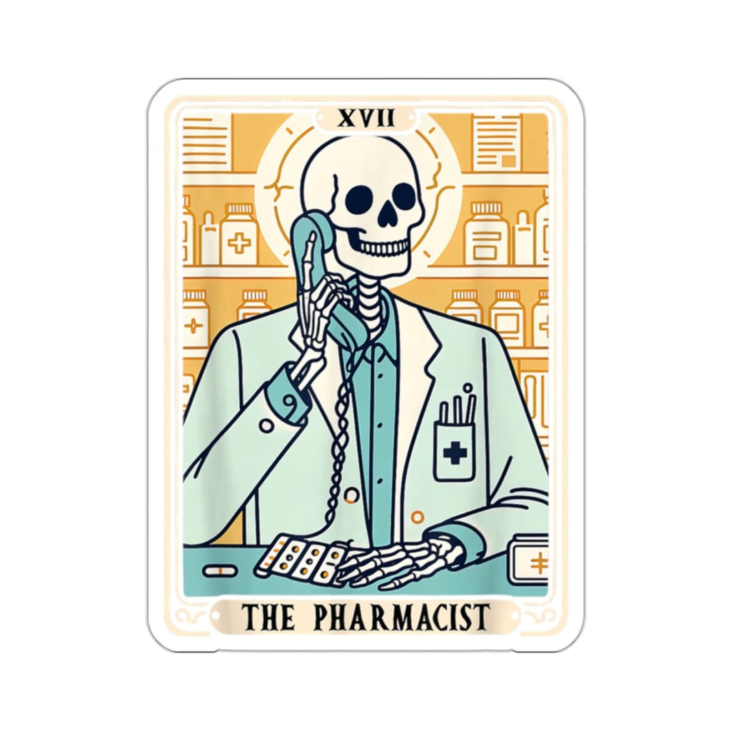 Skeleton pharmacist talking on a blue phone, bottles on shelves behind.