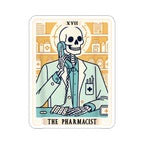 Skeleton pharmacist talking on a blue phone, bottles on shelves behind.
