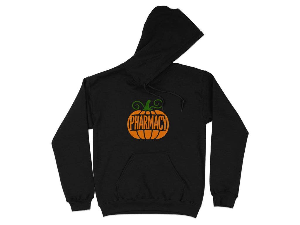 Black hoodie with an orange pumpkin graphic that says "PHARMACY".
