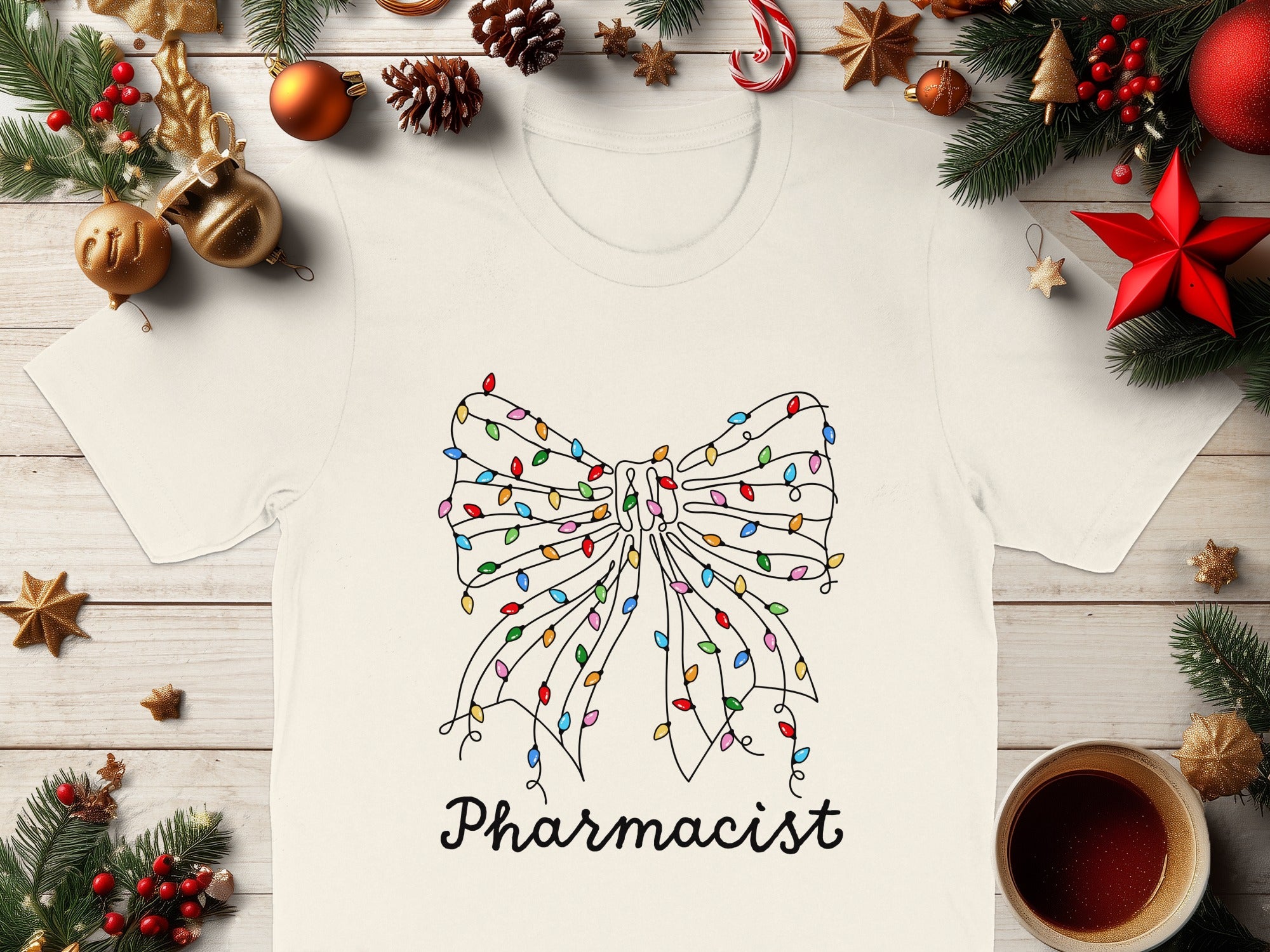 Festive Christmas Lights Bow Design Pharmacist Shirt