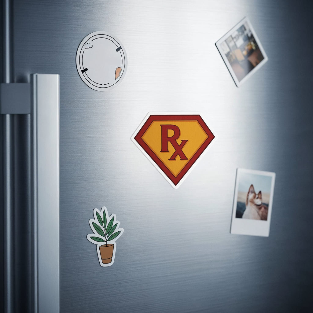 Superhero-style RX symbol magnet on a refrigerator door with two photos and a plant sticker.